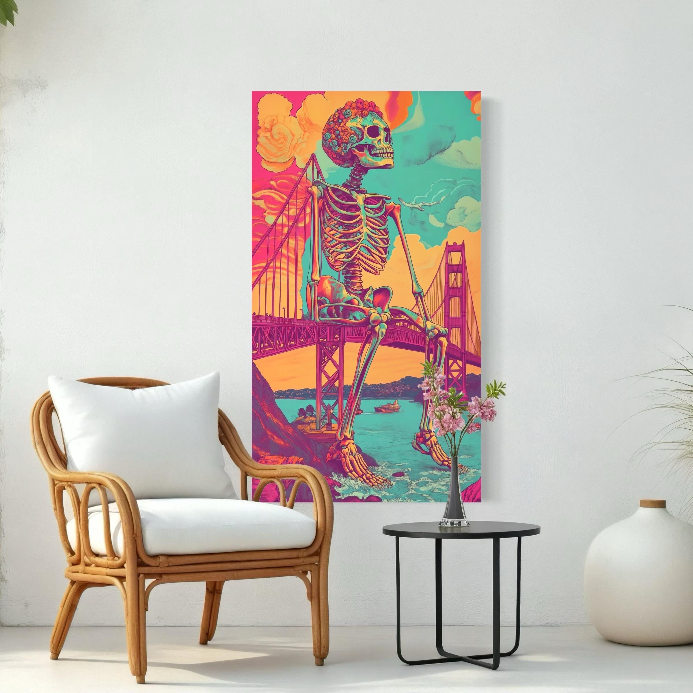 San Francisco Wall Art Surreal Golden Gate Bridge Canvas Art Trippy Skeleton Art Print Psychedelic San Francisco Artwork Alternative Artwork