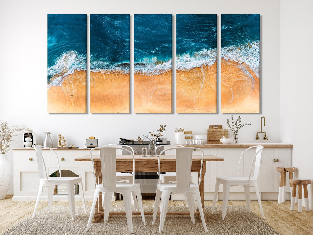 Canvaskunst met zandstrand - Kunstdruk met strandgolven, kustmuurdecoratie, kunstdruk met zeegezicht, kustmuurkunst met zomerthema, kunst met strandgolven
