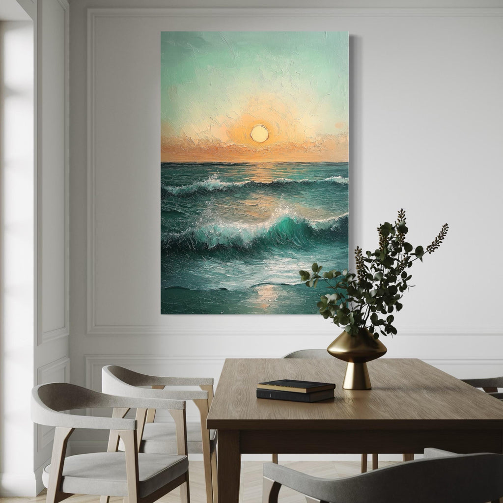 Sunset Over the Ocean Canvas Art - Seascape Wall Art, Ocean Waves Art, Coastal Sunset Painting, Beach House Wall Decor, Sunset Canvas Print