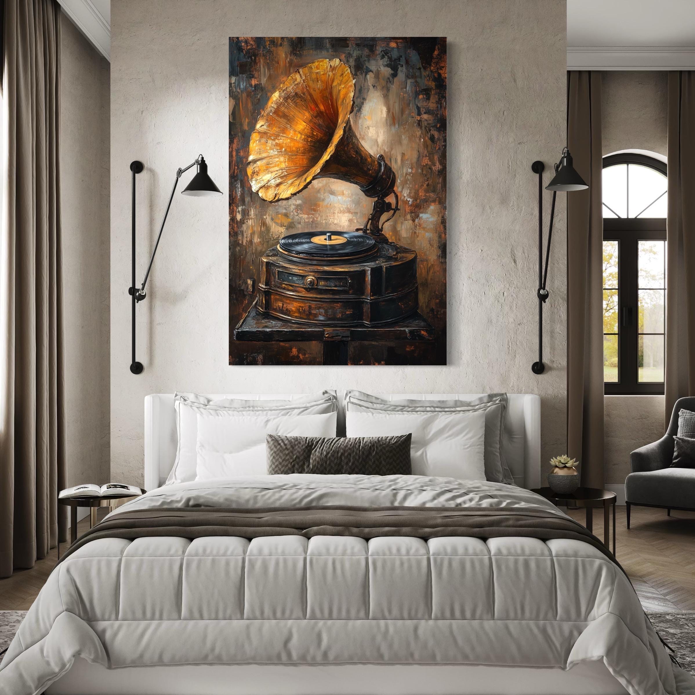 Vintage grammofoon wanddecoratie - rustieke muziekdecoratie, antieke vinylspeler canvas print, retro wanddecoratie boven het bed, cadeau-idee voor een muzikant