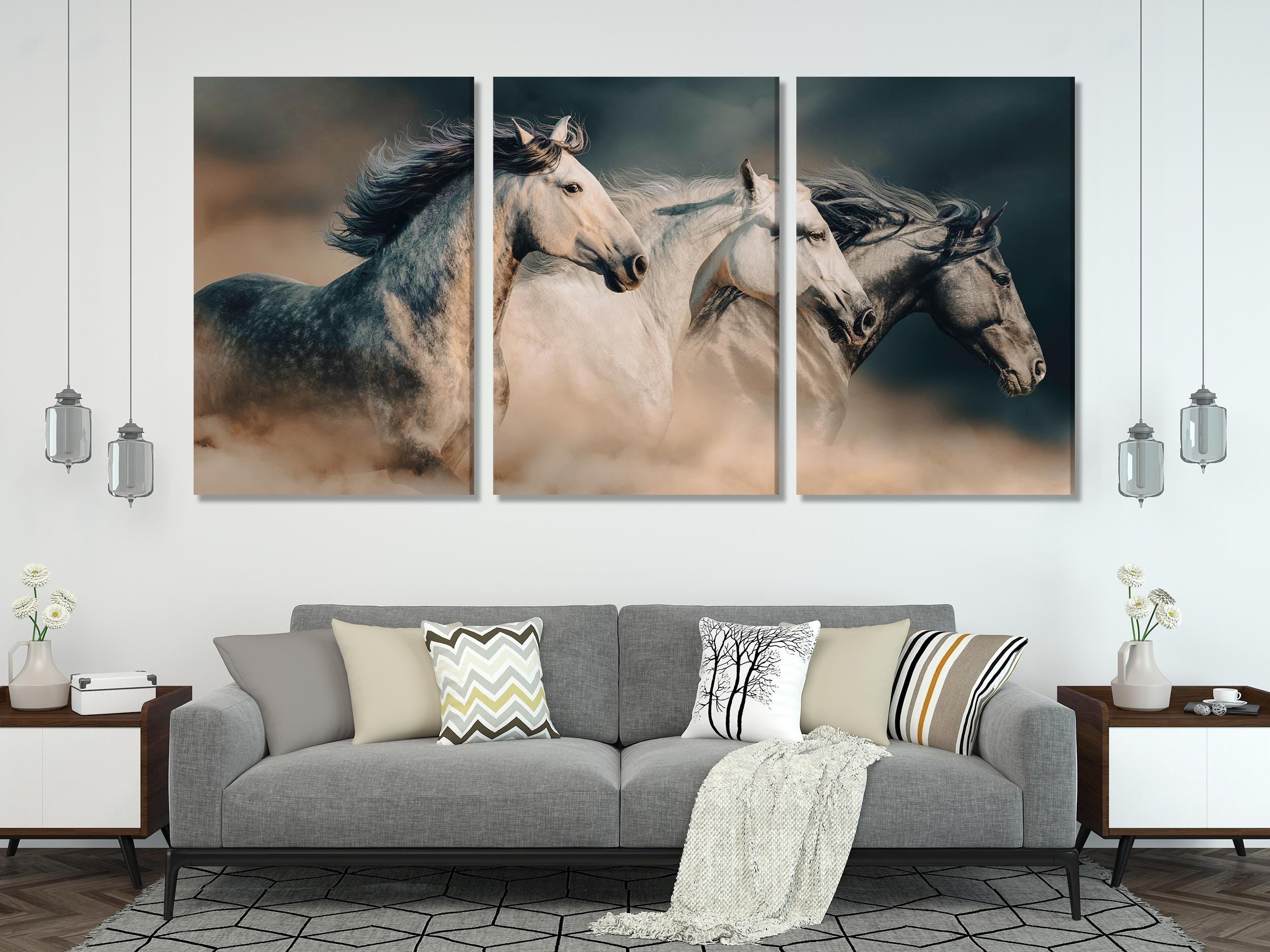 Grand tirage sur toile de chevaux au galop, art mural équestre, œuvre équestre majestueuse, tirage sur toile surdimensionné pour les amoureux des chevaux, décor moderne pour le salon