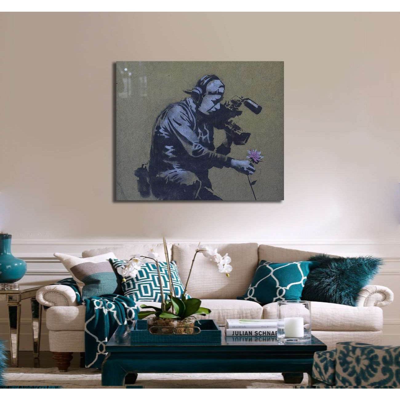 Banksy Camera man and flower - Ready to Hang Canvas PrintCanvas art arrives ready to hang, with hanging accessories included and no additional framing required. Every canvas print is hand-crafted, made on-demand at our workshop and expertly stretched arou