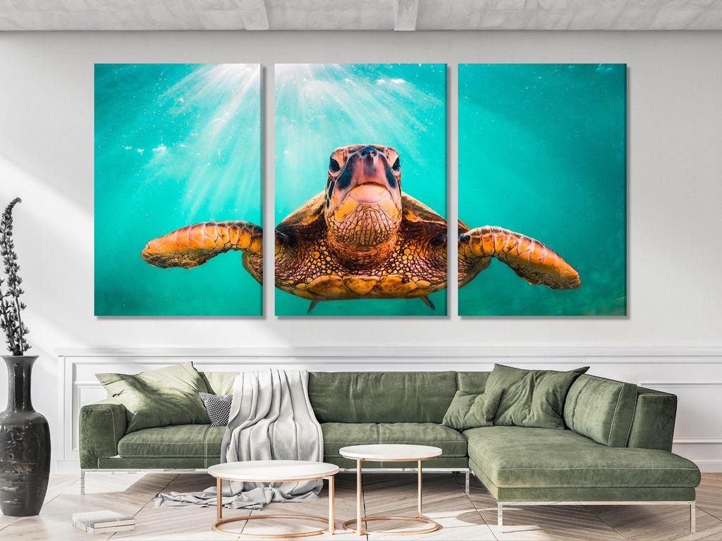 Hawaiian Green Sea Turtle Canvas Art, Pacific Ocean Sea Life Wall Decor, XXL Multi-Panel Turtle Cruising Print, Coastal Beach Home Wall Art