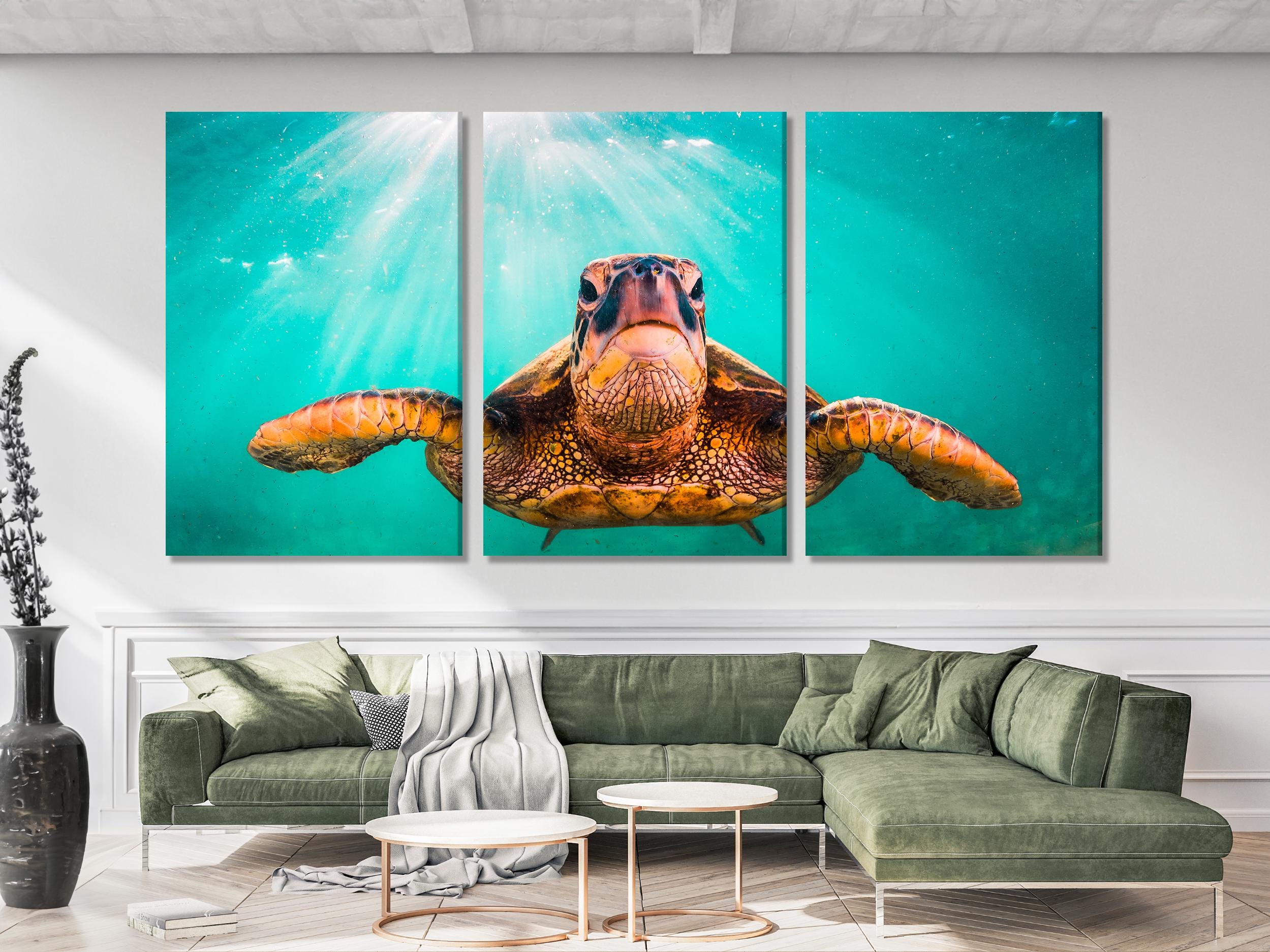 Hawaiian Green Sea Turtle Canvas Art, Pacific Ocean Sea Life Wall Decor, XXL Multi-Panel Turtle Cruising Print, Coastal Beach Home Wall Art