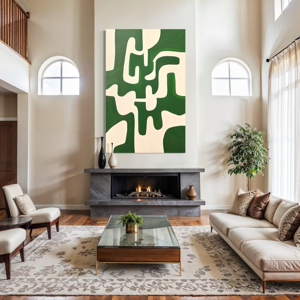 Minimalist Wall Art - Beige Emerald Green Abstract Geometric Canvas Print, Vertical Organic Shape Painting, Large Oversized Wall Art Decor