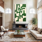 Minimalist Wall Art - Beige Emerald Green Abstract Geometric Canvas Print, Vertical Organic Shape Painting, Large Oversized Wall Art Decor