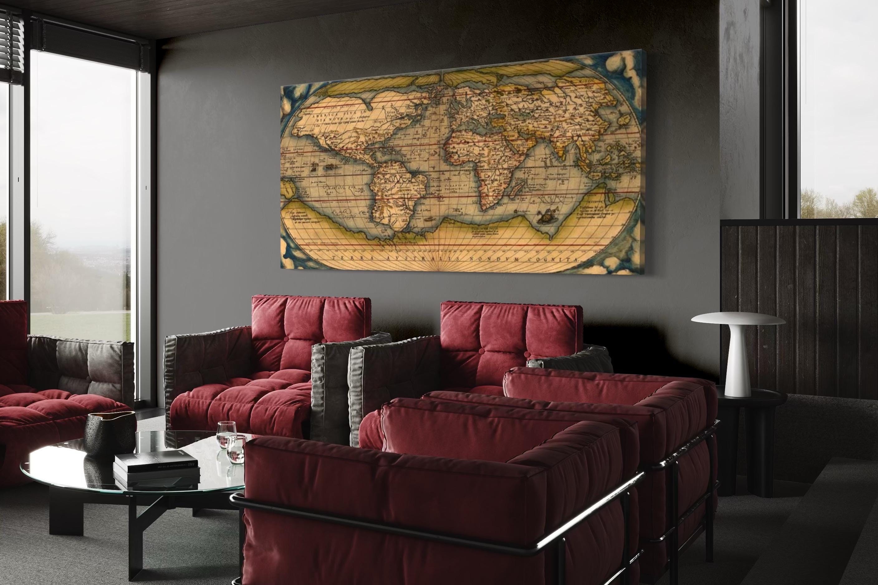 Mappa del mondo vintage da parete - Decorazione da parete rustica per ufficio, stampa su tela con mappa del mondo, decorazione da parete extra large per casa e ufficio