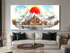 Scenic Medieval Town Wall Art Fantasy Cityscape Canvas Majestic Mountain Painting Abstract Red Sun Decor Epic Fantasy Print