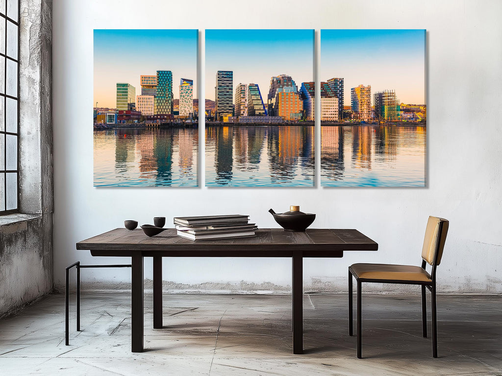 Refined skyline canvas print highlighting contemporary glass facades, sparkling sunset tones, and waterfront reflections for a sophisticated urban-themed artwork.