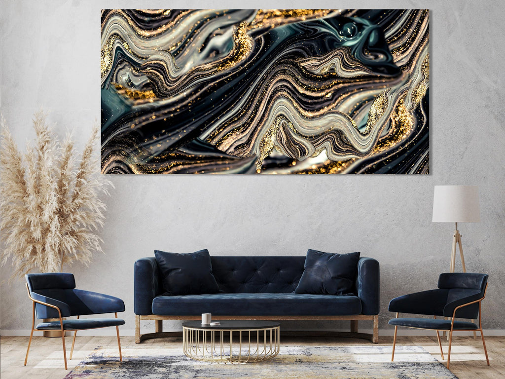 Abstrakte Marmor-Wandkunst – Extra große abstrakte Kunst mit goldenem Wirbel, luxuriöses Kunstwerk für die Wanddekoration im Wohnzimmer oder Büro, Dekoration über der Couch