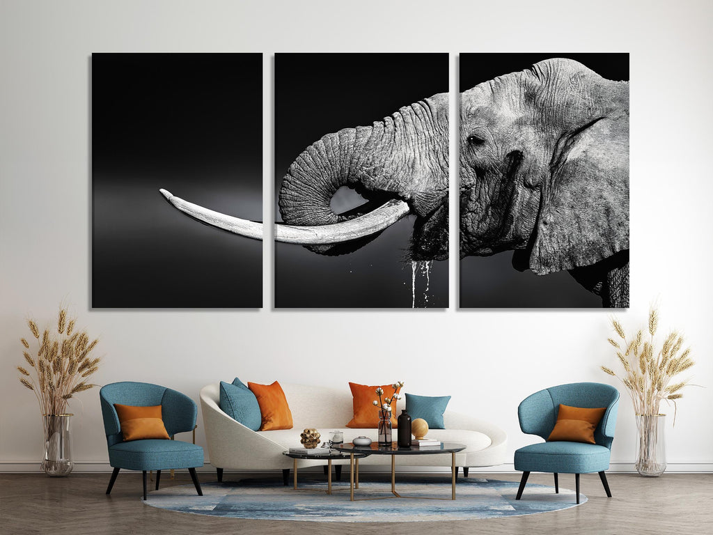 Black and white elephant wall art featuring a majestic tusk and lifelike textures, ideal for contemporary wildlife-inspired décor.