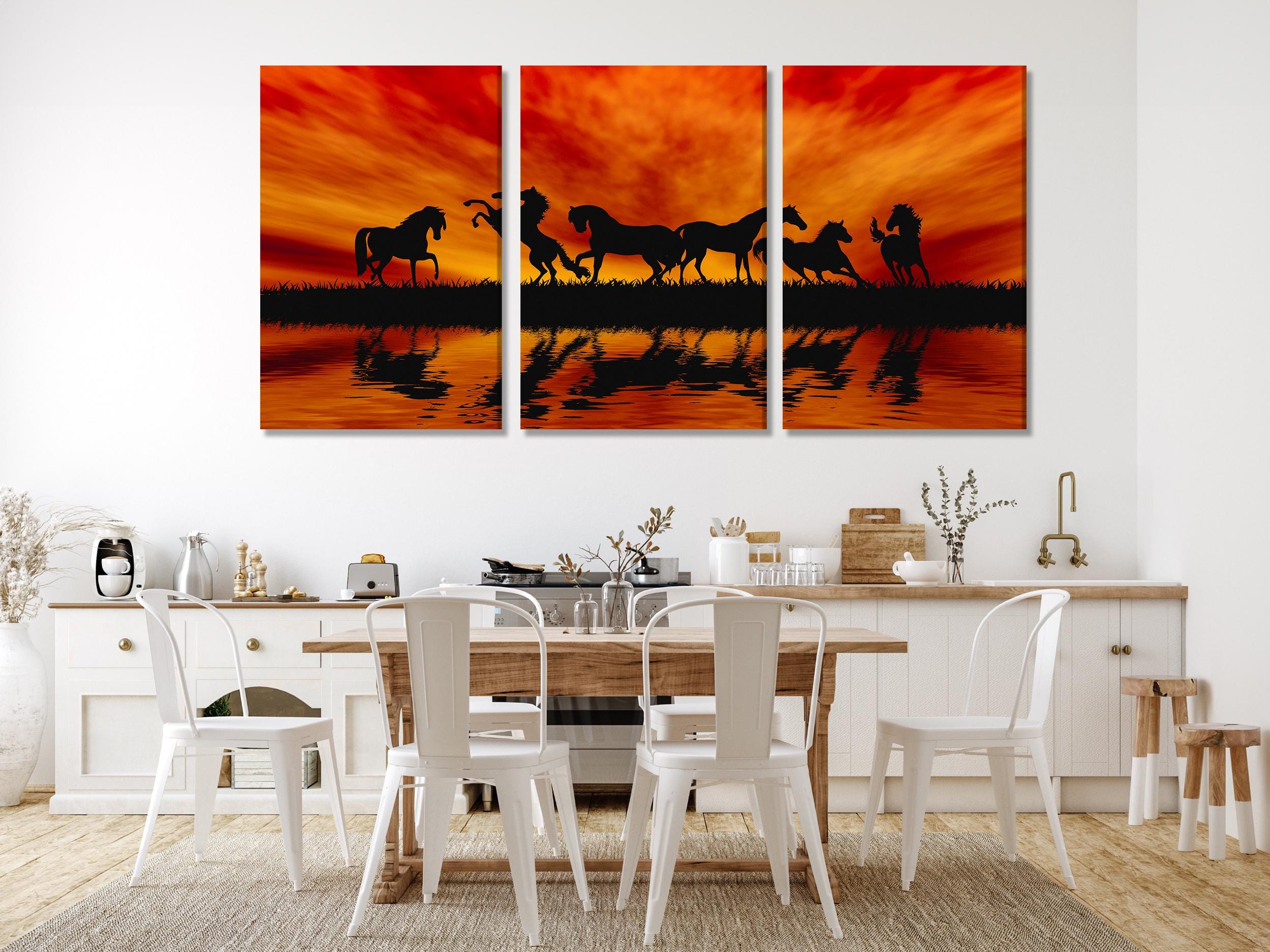 Wild Horses Sunset Canvas Print, Large Nature Wall Art, Silhouette Horse Artwork, Modern Landscape Art Print, Dramatic Wall Decor for Home