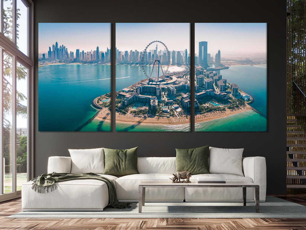 Dubai Skyline Canvas Print, Large Cityscape Wall Art, Aerial View of Bluewaters Island and Ain Dubai, Extra Large Modern Architecture Decor