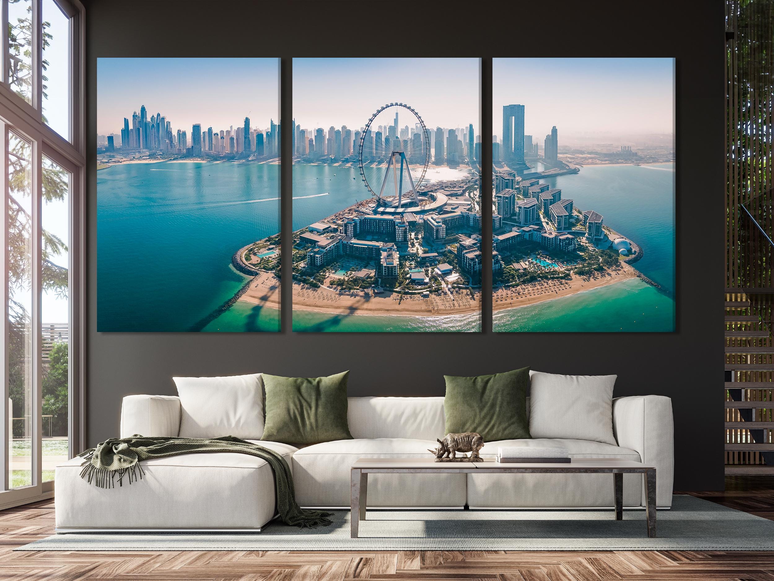 Dubai Skyline Canvas Print, Large Cityscape Wall Art, Aerial View of Bluewaters Island and Ain Dubai, Extra Large Modern Architecture Decor