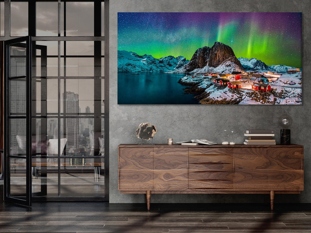 Northern Lights Canvas Print, Arctic Aurora Borealis Over Lofoten, Norwegian Winter Art, Red Cabins and Snowy Mountains, Large Nordic Decor