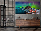 Northern Lights Canvas Print, Arctic Aurora Borealis Over Lofoten, Norwegian Winter Art, Red Cabins and Snowy Mountains, Large Nordic Decor