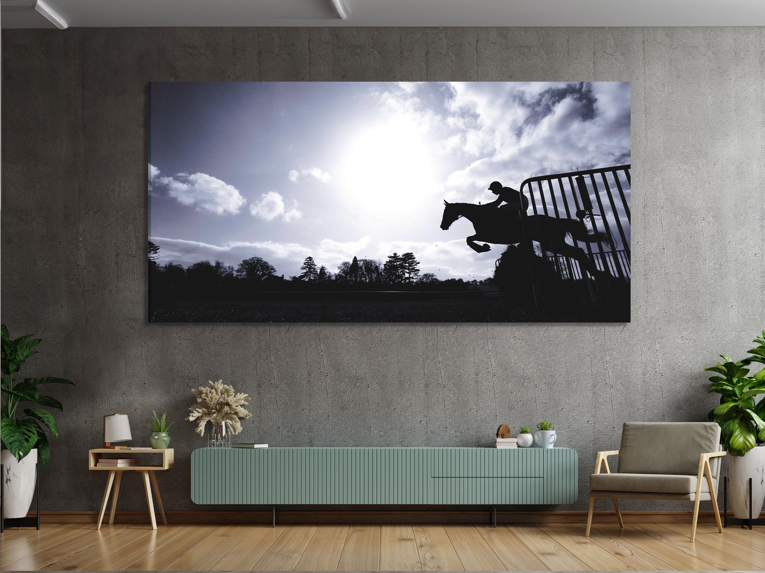 Large Silhouette Horse Canvas Print, Equestrian Jumping Wall Art, XXL Racehorse in Motion Artwork, Dynamic Equestrian Canvas for Home Decor