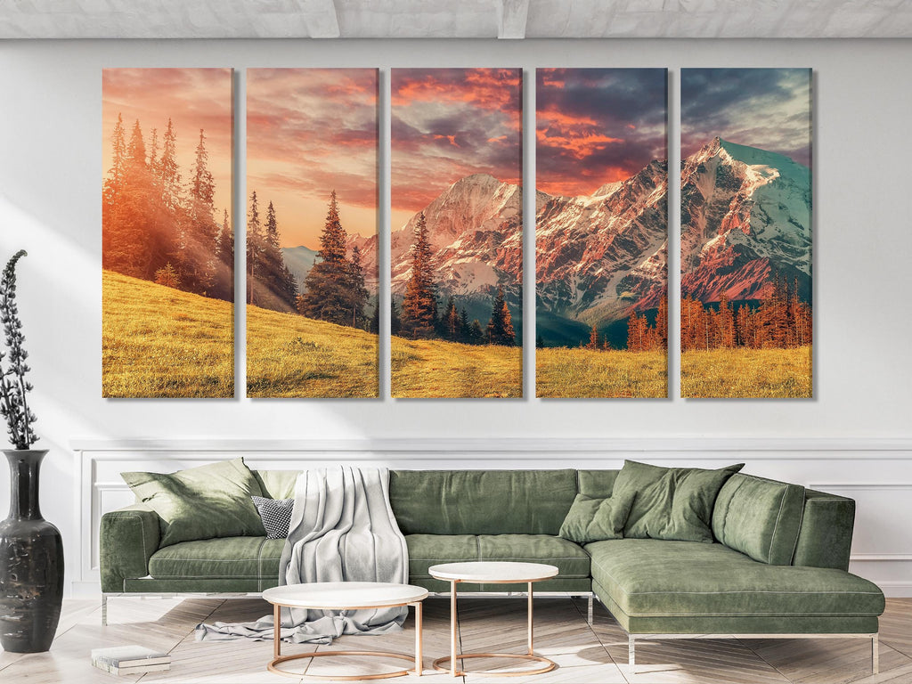 Mountain Sunrise Canvas Print – Majestic Landscape Wall Art, Golden Meadow and Snow-Capped Peaks, Nature-Inspired Decor for Living Room
