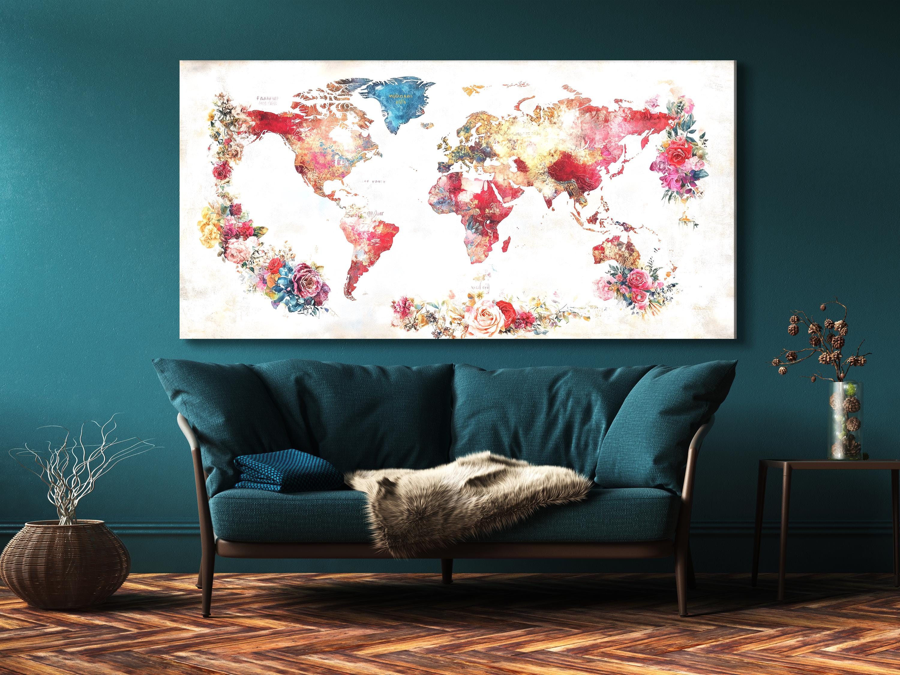 Mappa del mondo floreale, stampa su tela astratta, pittura ad acquerello, decorazione per la casa, mappa di viaggio, arte, opere d'arte per interni