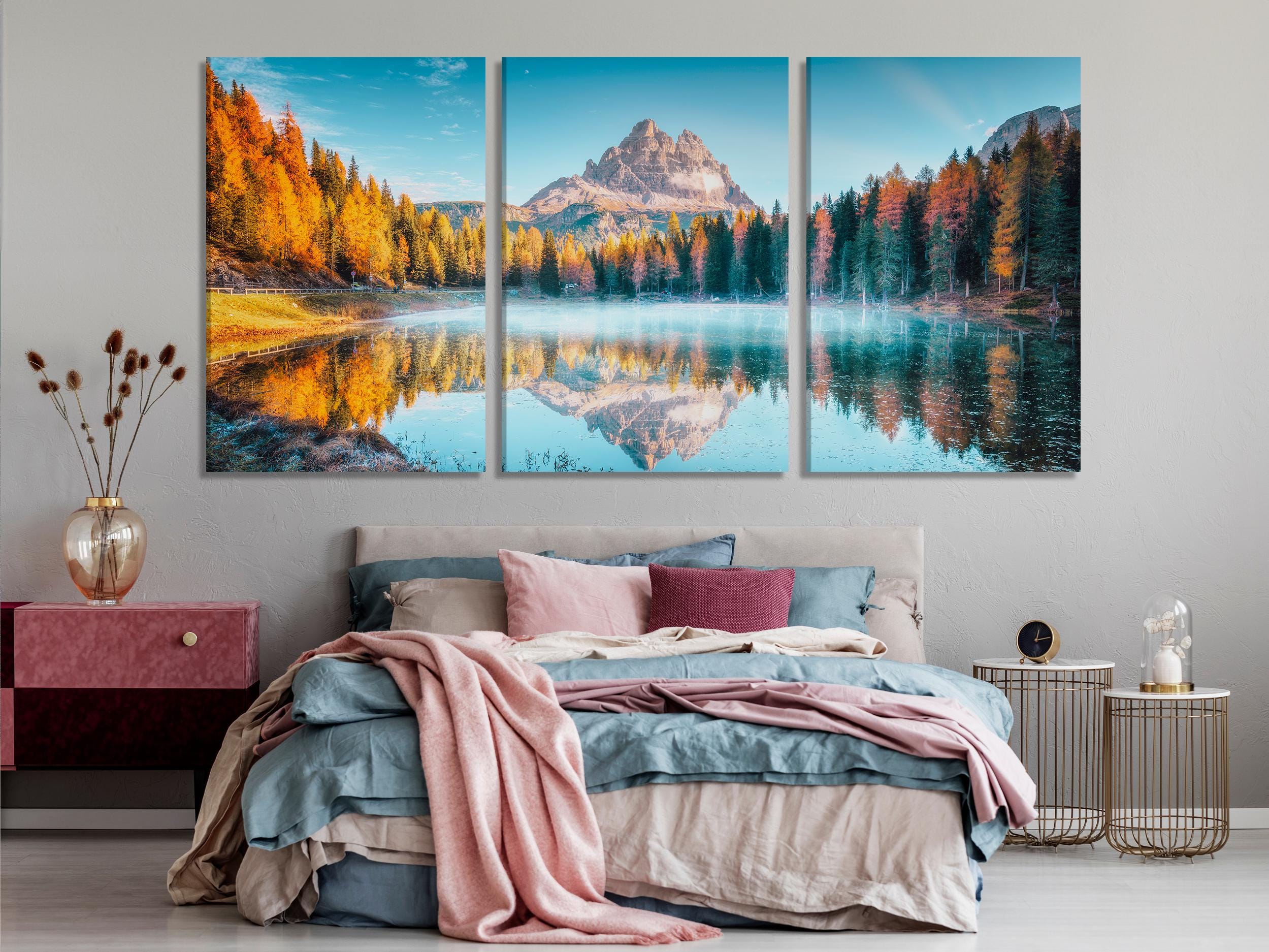 Autumn Sunrise in Dolomites Mountains Wall Art, Antorno Lake Canvas Print, Oversized Italian Landscape Artwork for Nature-Inspired Interior