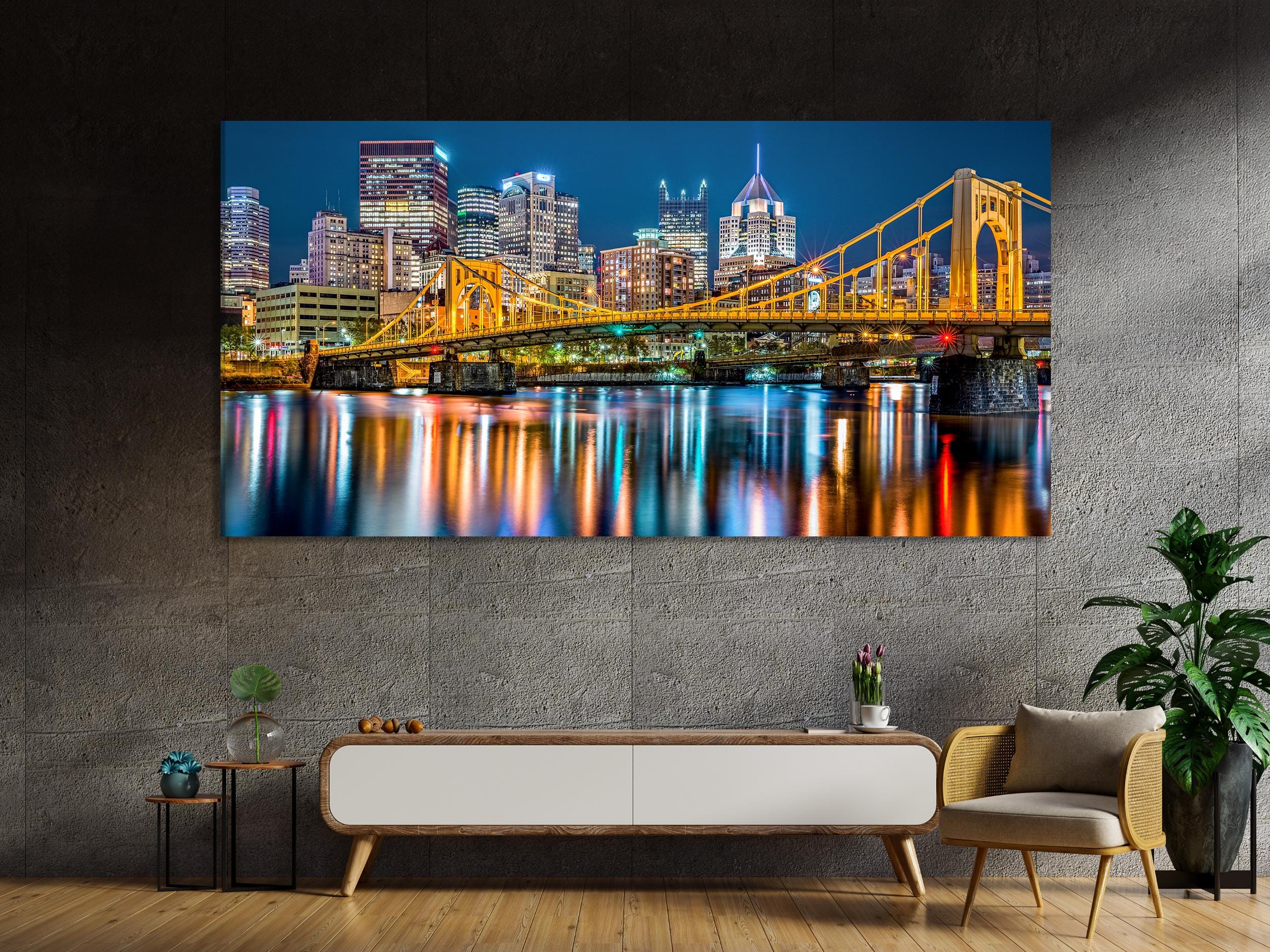 Large Rachel Carson Bridge Canvas Print, Pittsburgh Skyline Wall Art, Night Cityscape Artwork, Allegheny River Canvas for Modern Home Decor