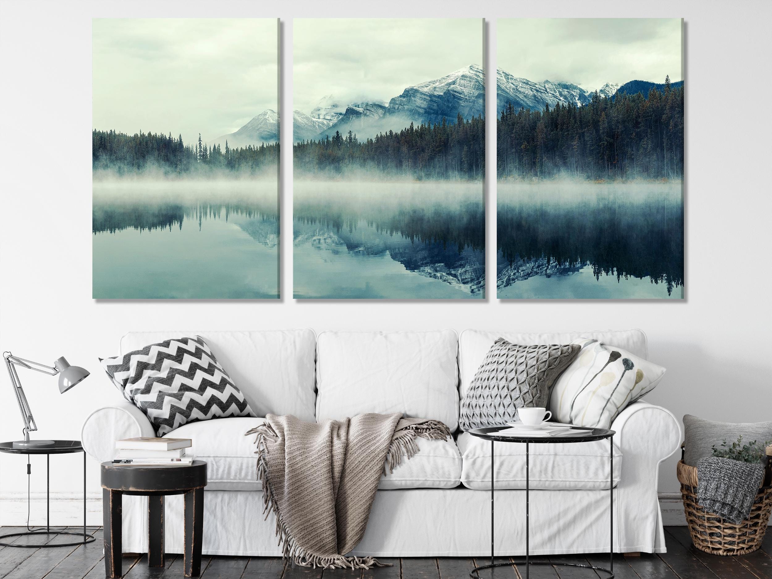 Lake Herbert Canvas Art - Foggy Morning Banff Wall Art, Glacial Mountain Artwork, Extra Large Canada Nature Canvas Art for Large Wall Decor