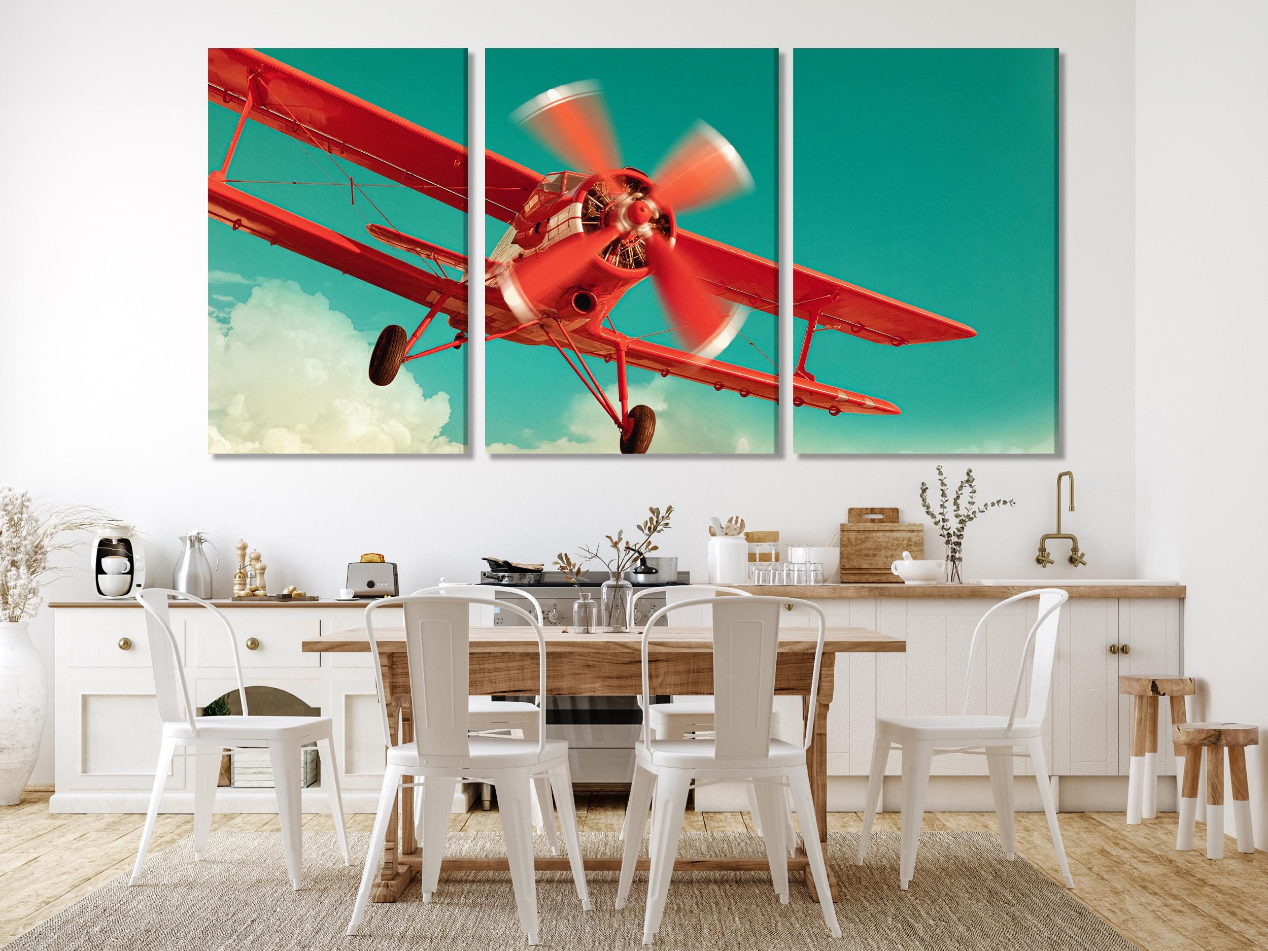 Vintage Red Airplane Canvas Print – Retro Aviation Wall Art, Dynamic Biplane Sky Scene, Modern Aeronautical Decor for Living Room or Office