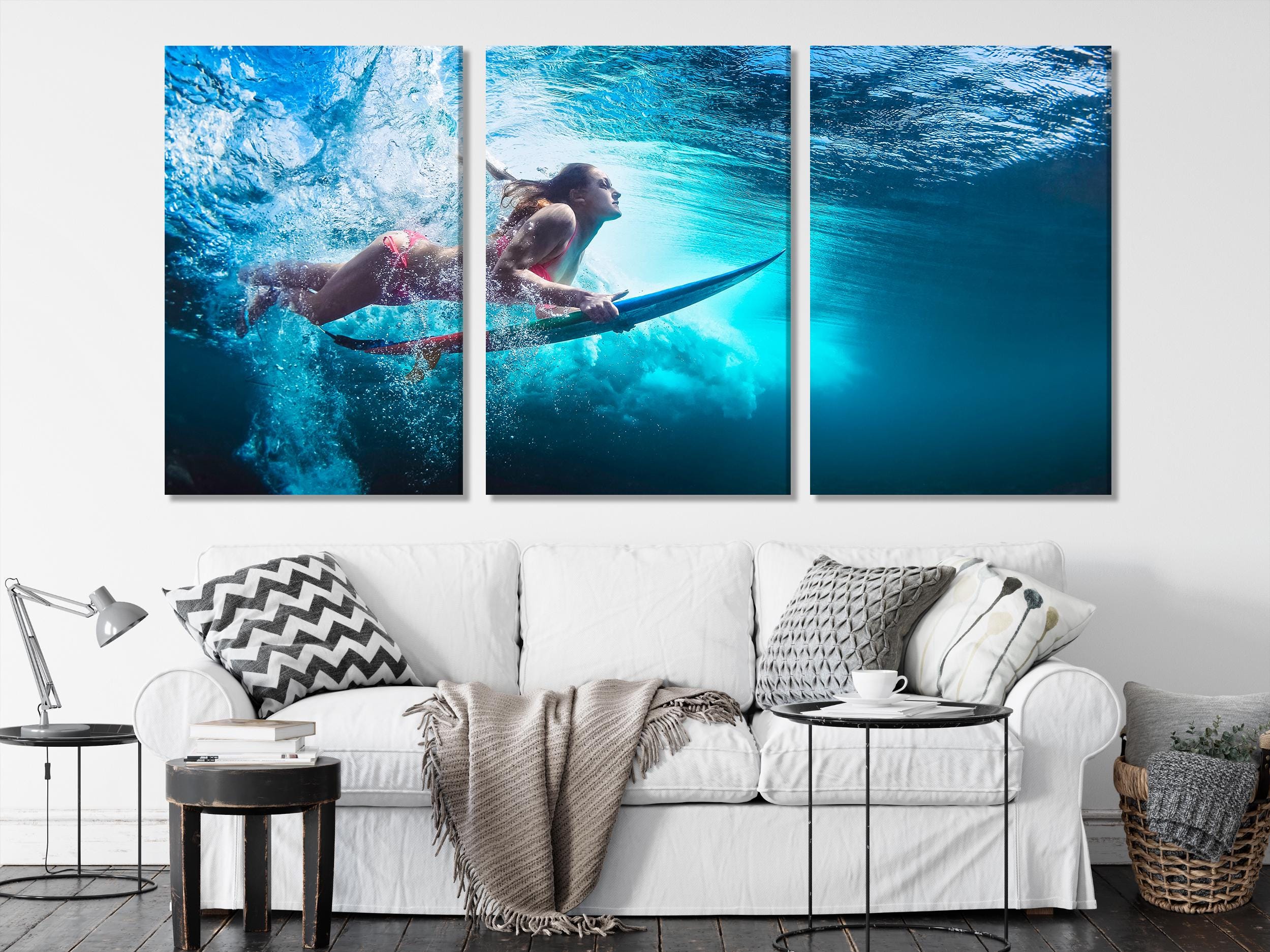 Surfer Underwater Canvas Print, Large Ocean Adventure Wall Art, Dynamic Surfing Artwork, Modern Water Sports Art Print, Energetic Wall Decor