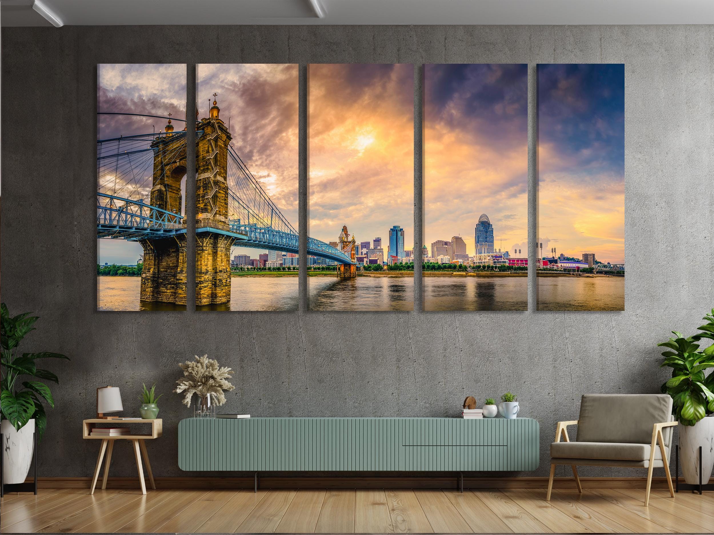 Covington Cityscape Wall Art - John A. Roebling Bridge Canvas Print, Ohio River Art Print, Modern Urban Cincinnati Wall Art for Wall Decor