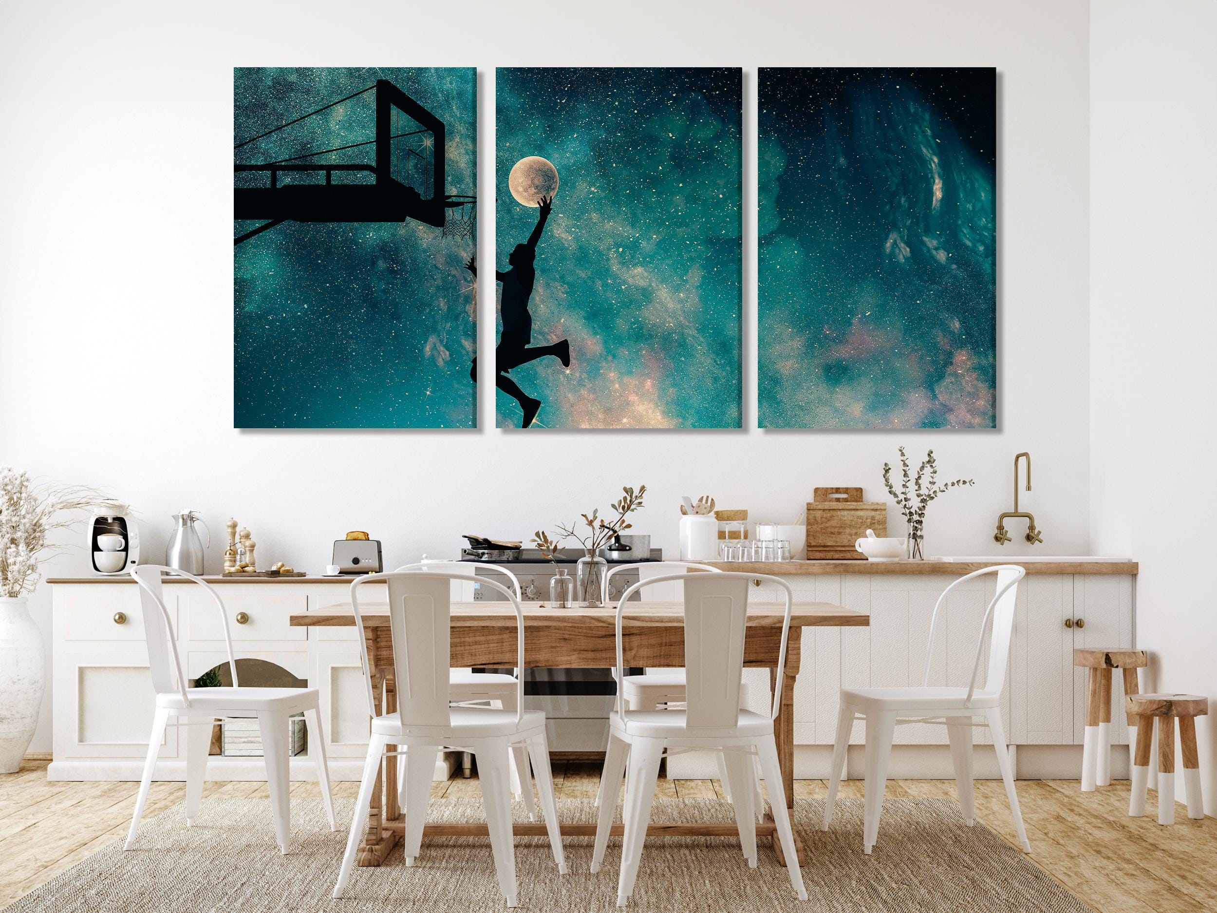 Basketball Dunk with Moon Canvas Art, Surreal Sports Wall Art Print, Starry Night Sky Decor, Inspirational Sports Artwork, Basketball Gift