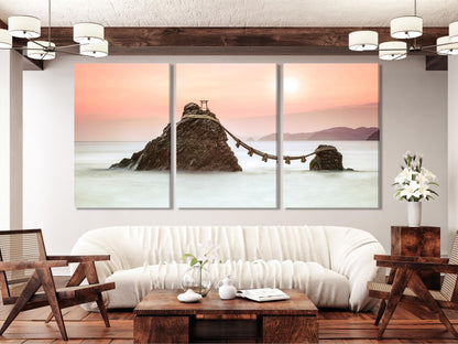 Meoto Iwa sacred marriage rocks at sunset, triptych canvas