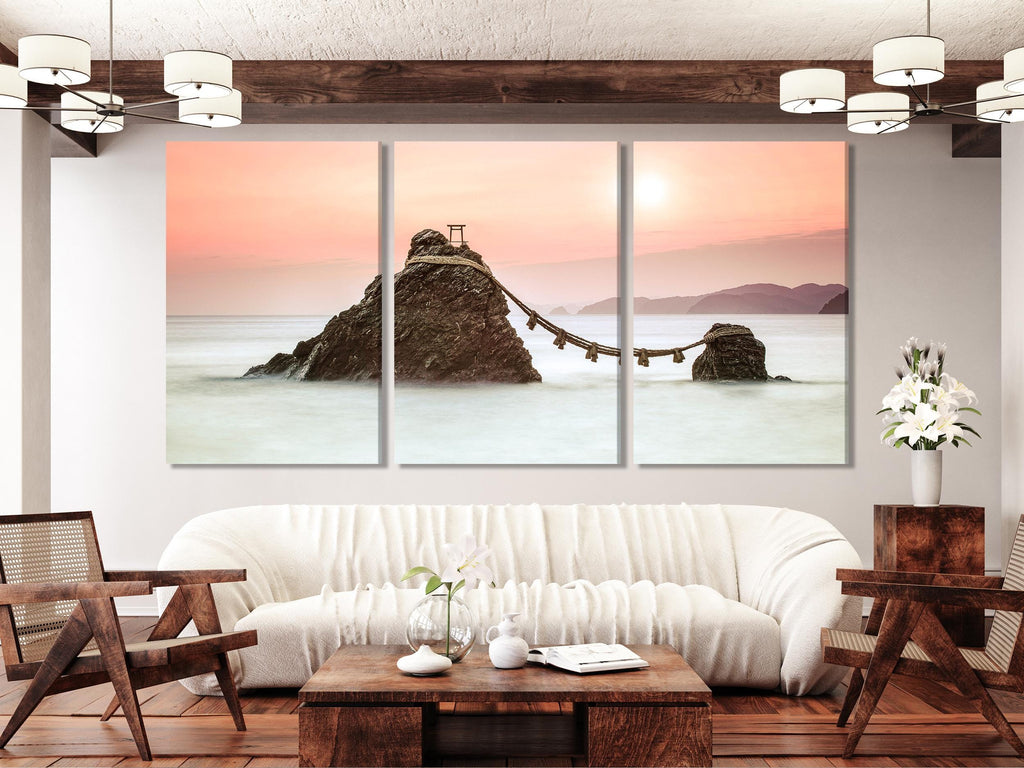 Modern Zen Decor for Office - Japanese Coastal Wall Art, Sunset Ocean Landscape, Sacred Marriage Rocks Artwork, Meoto Iwa Rocks Canvas Print