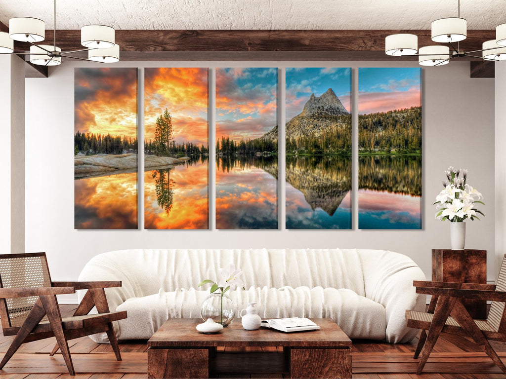 Impresión en lienzo del lago Cathedral, arte mural del Parque Nacional de Yosemite, paisaje montañoso grande de California, decoración de pared extragrande con atardecer natural