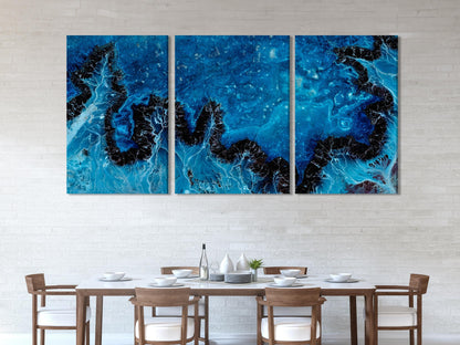 Deep blue geode-inspired abstract triptych canvas