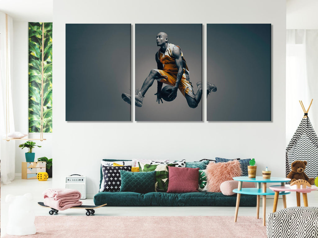 Impression sur toile d’un joueur de basket, grande œuvre murale sportive en mouvement, pièce d’art surdimensionnée en noir et blanc pour une salle de sport moderne à domicile ou une salle de jeux, cadeau de décoration murale