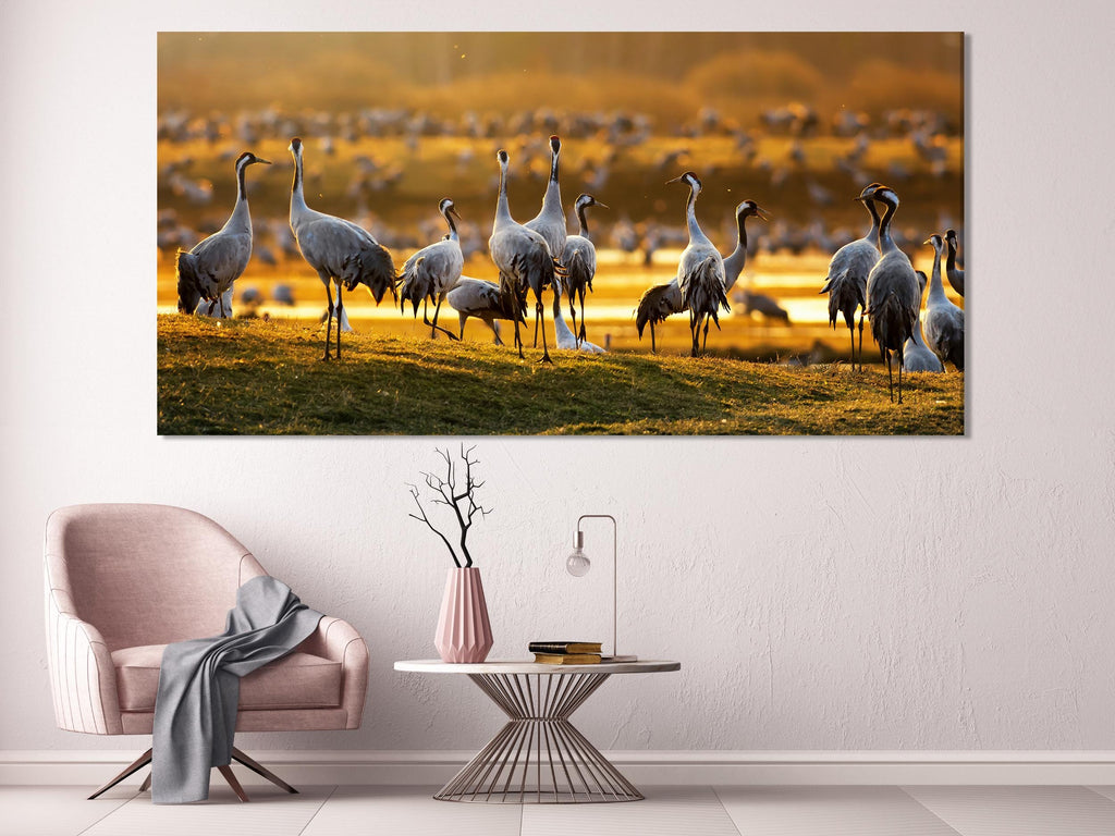 Wildlife Wall Art - Crane Birds Canvas Print, 5-Panel Sunrise Print at Hornborgasjön, Sweden Nature Wall Decor, Crane Fine Art Print