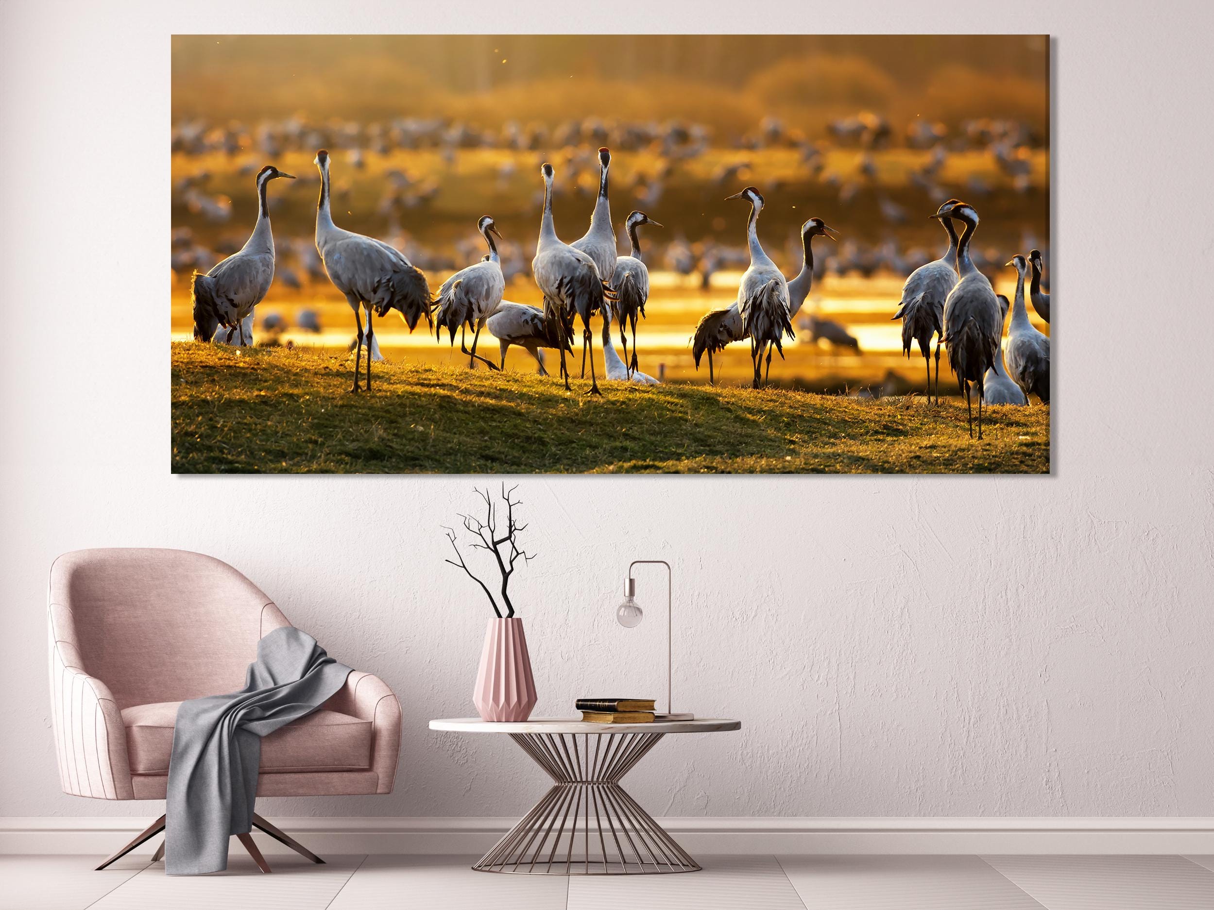 Wildlife Wall Art - Crane Birds Canvas Print, 5-Panel Sunrise Print at Hornborgasjön, Sweden Nature Wall Decor, Crane Fine Art Print