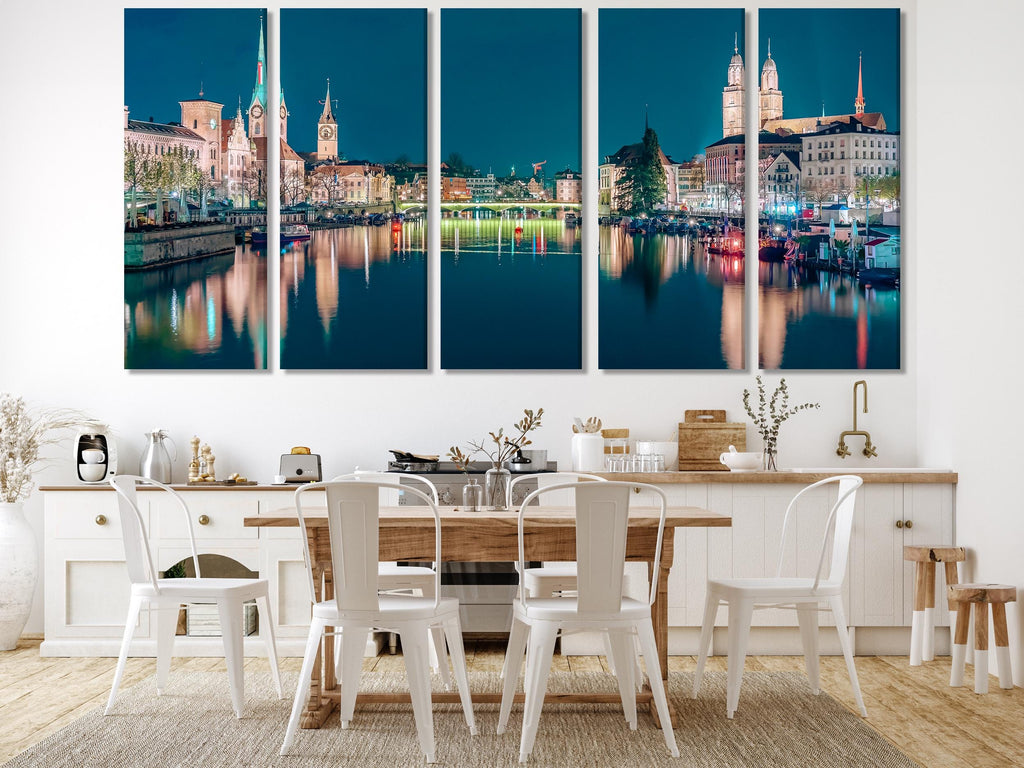 Zurich Cityscape Canvas Print, Large Night Skyline Wall Art, Illuminated Swiss City Artwork, Modern Urban Art Print, Scenic Wall Decor