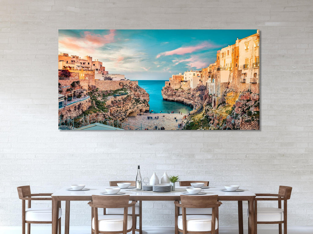 Vibrant coastal town wall art highlighting towering cliffs, pastel skies, and crystal-blue waters, ideal as a Mediterranean-inspired canvas print painting and captivating artwork.