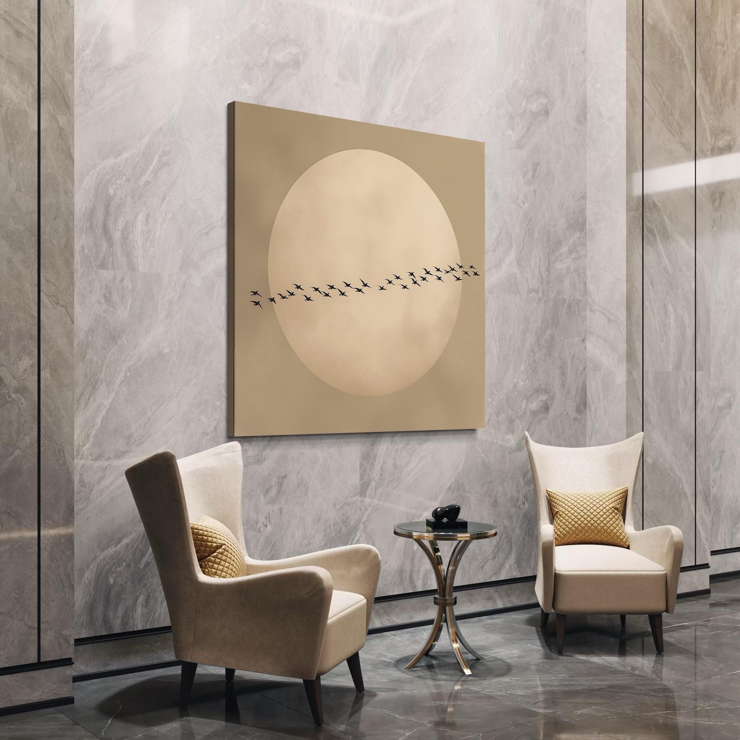 Japandi Moon Wall Art - Flying Flock of Birds Canvas Print, Feng Shui Neutral Decor, Japanese Sun Art, Large Living Room Oriental Wall Decor