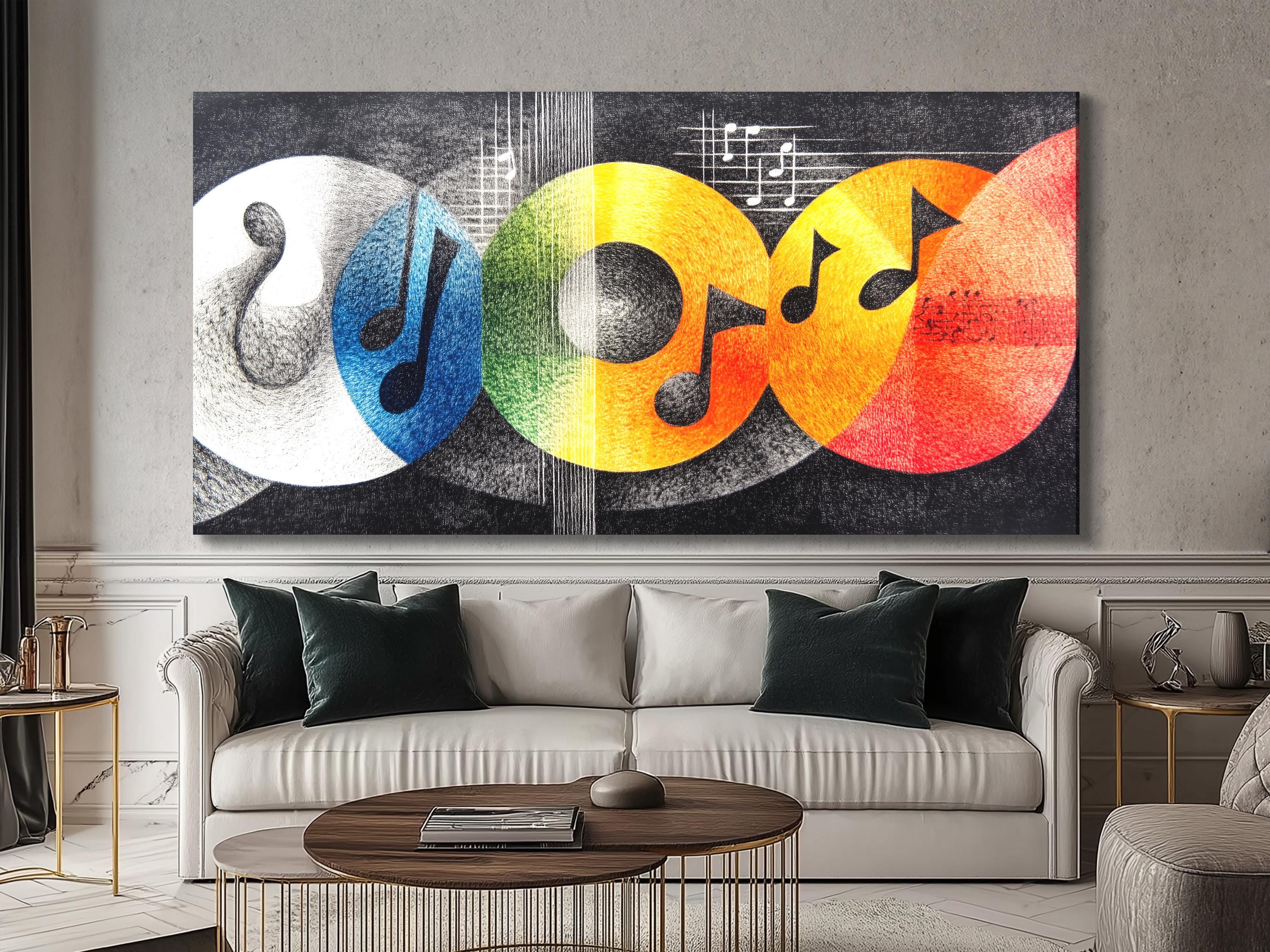Detail of overlapping music symbols and color blocks