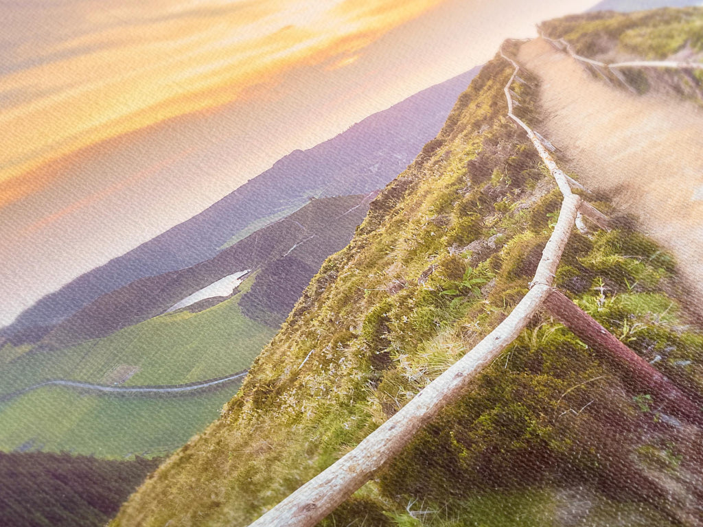 Stampa dell'isola delle Azzorre, tramonto, sentiero escursionistico, arte murale, lago, arte murale multipannello, stampa su tela panoramica della natura, stampa su tela dell'isola delle Azzorre