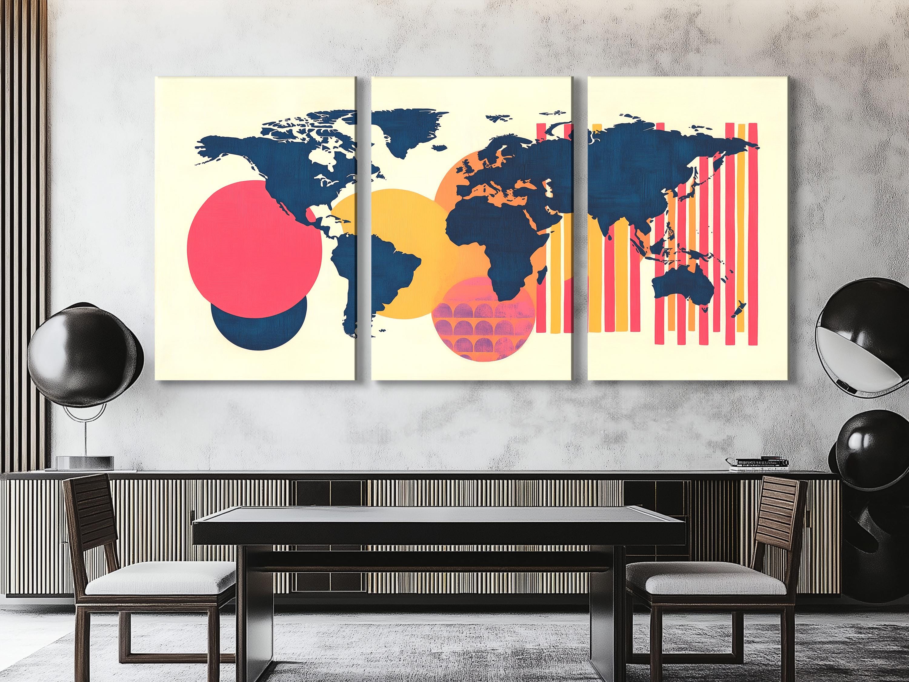 Mappa del mondo astratta colorata su tela, decorazione da parete per ufficio moderno, forme geometriche, opera d'arte globale, mappa contemporanea per sala studio