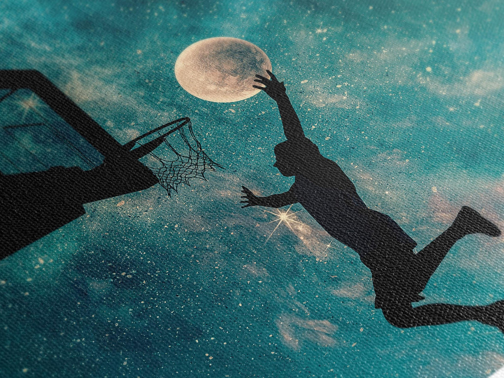 Art mural Dunk de basket-ball avec lune, Impression murale sportive surréaliste, Décoration du ciel étoilé, Œuvre sportive inspirante, Cadeau de basket-ball