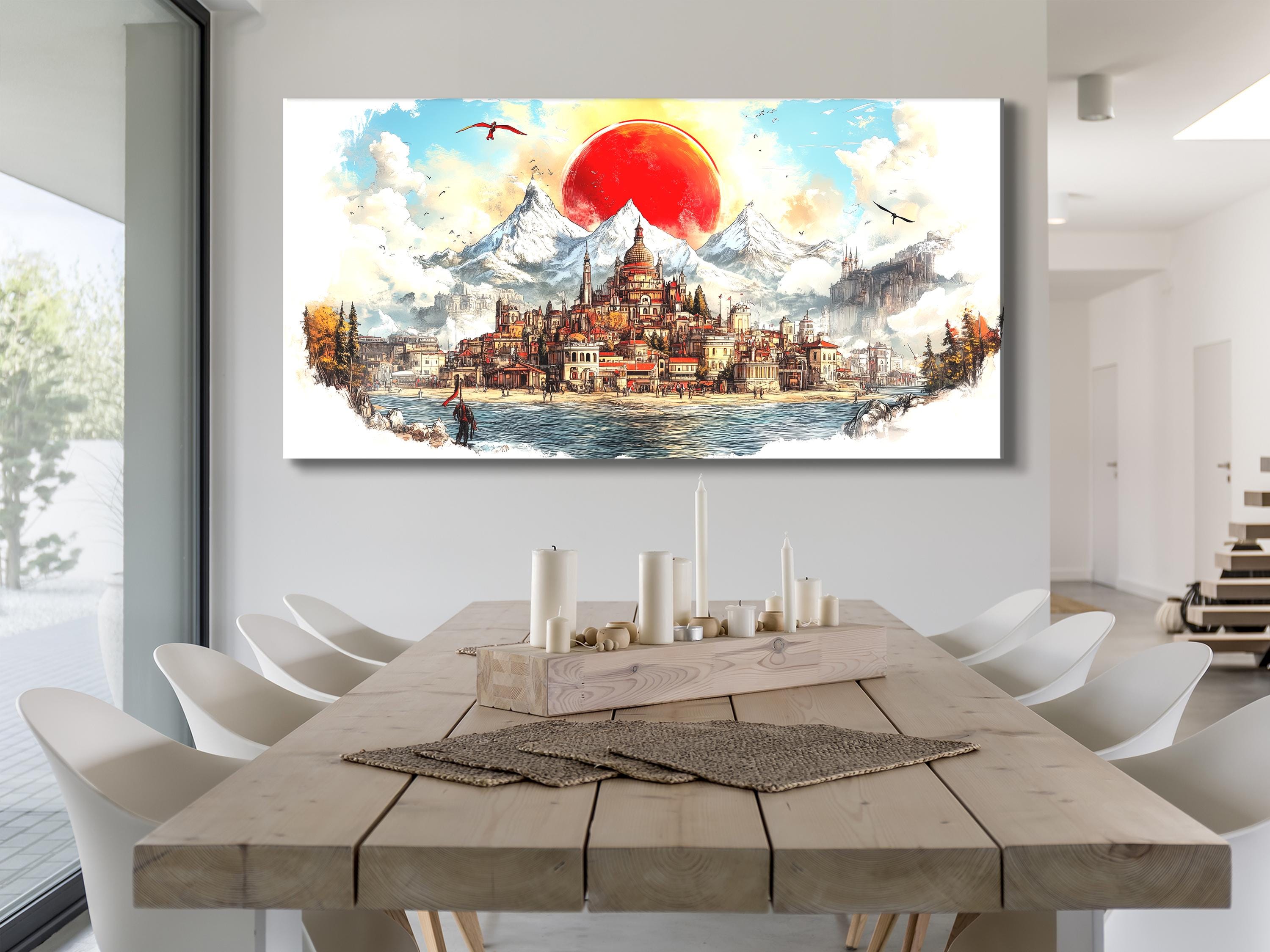 Scenic Medieval Town Wall Art Fantasy Cityscape Canvas Majestic Mountain Painting Abstract Red Sun Decor Epic Fantasy Print