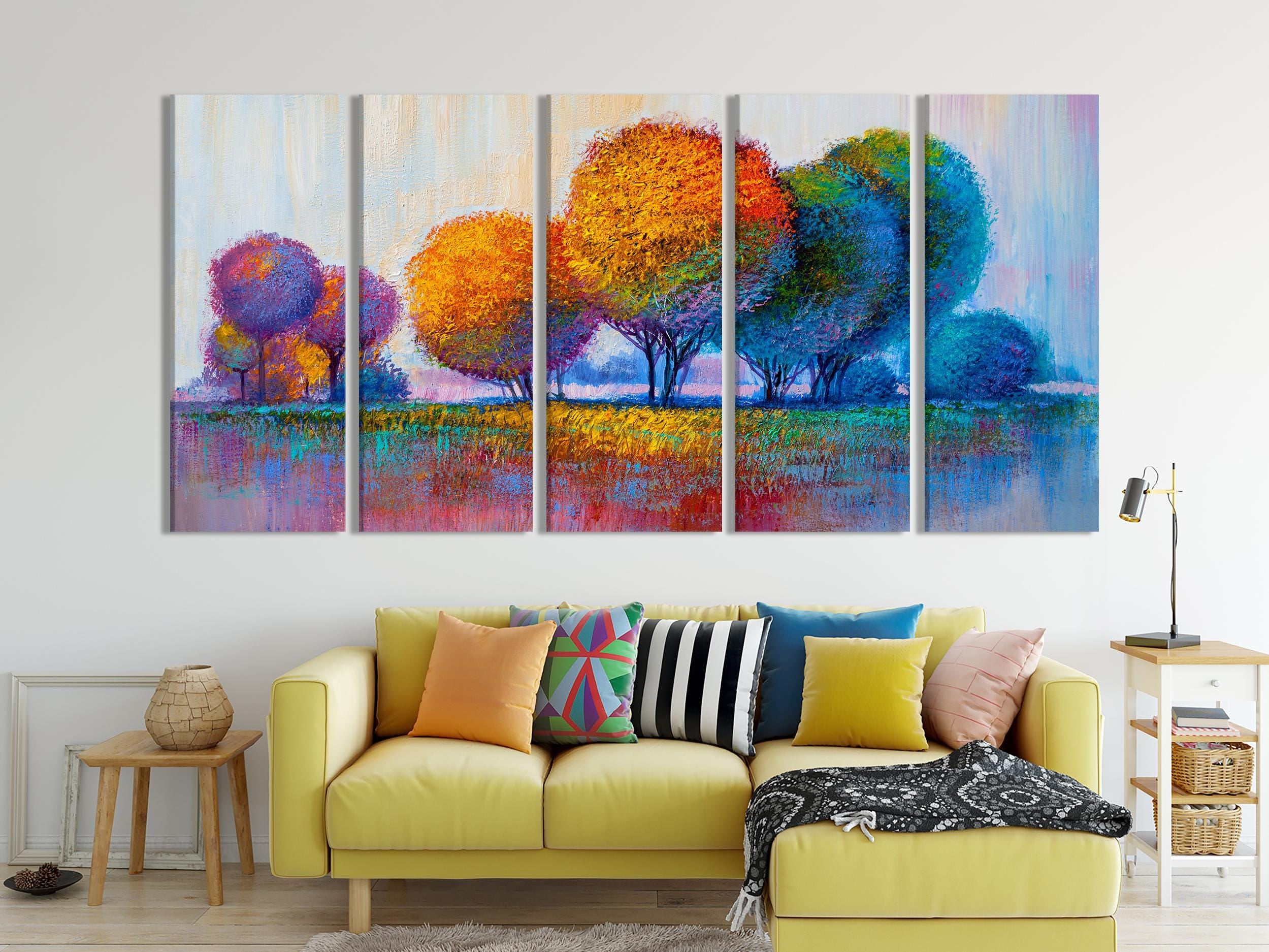 Colorful Tree Wall Art - 5-Panel Abstract Landscape Canvas Print, Large Trees Painting, Modern Home Wall Decor, Contemporary Nature Wall Art