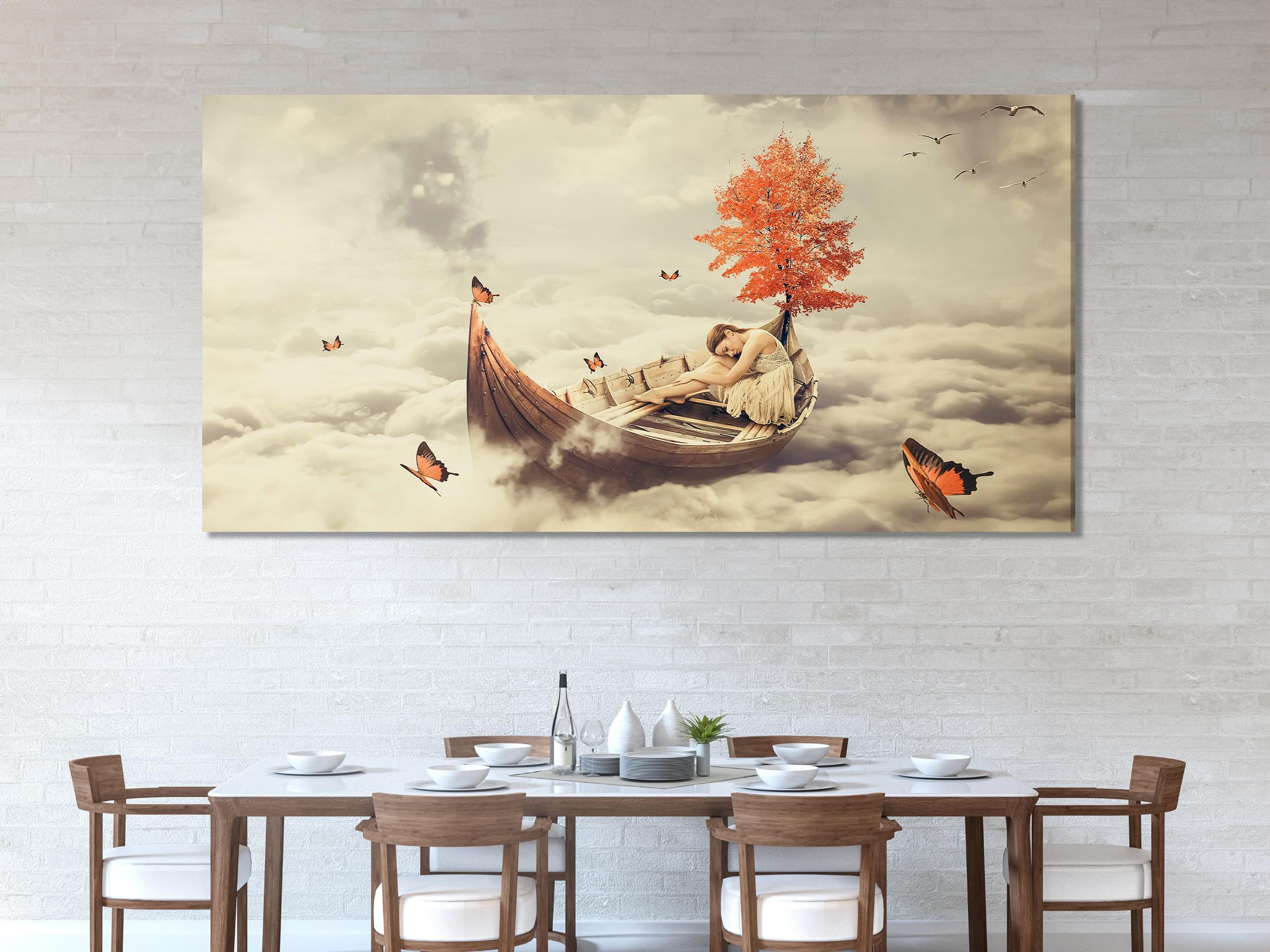 Surreal Boat & Tree Canvas Art - Fantasy Wall Print with Dreamy Clouds, Butterflies and Resting Woman for Bedroom or Living Room Wall Decor