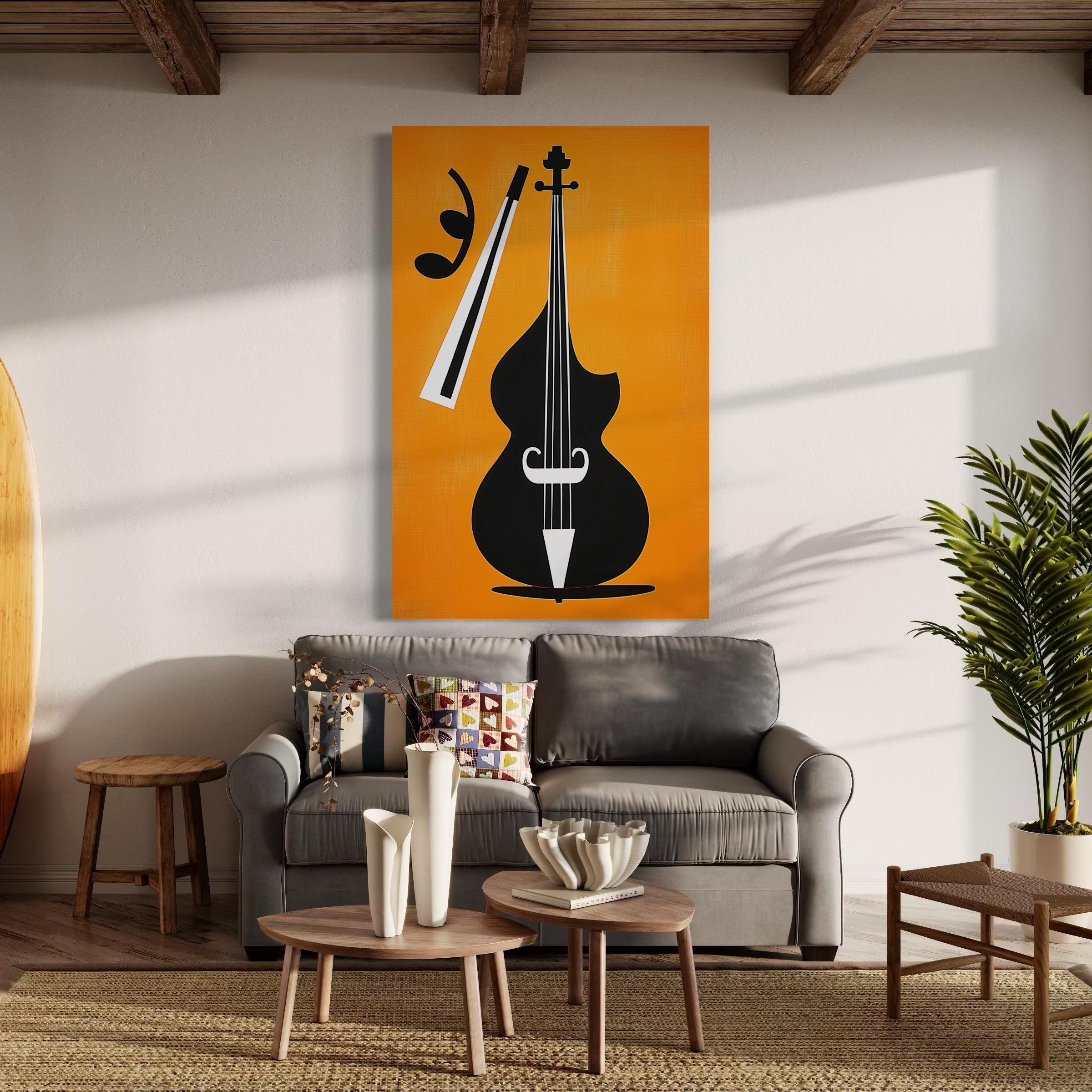 Double Bass Print - Gift for Musician, Jazz Music Wall Art, Mid Century Art, Music Room Decor, Retro Bassist Poster, Orange & Black Wall Art