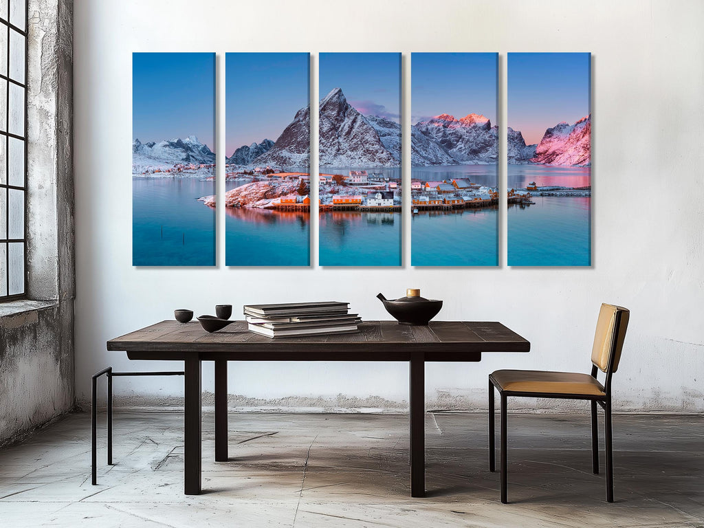 Lofoten Island Canvas Print, Winter Coastal Village Wall Art, Norwegian Mountain Landscape, Arctic Seascape Decor, XXL Nordic Nature Artwork