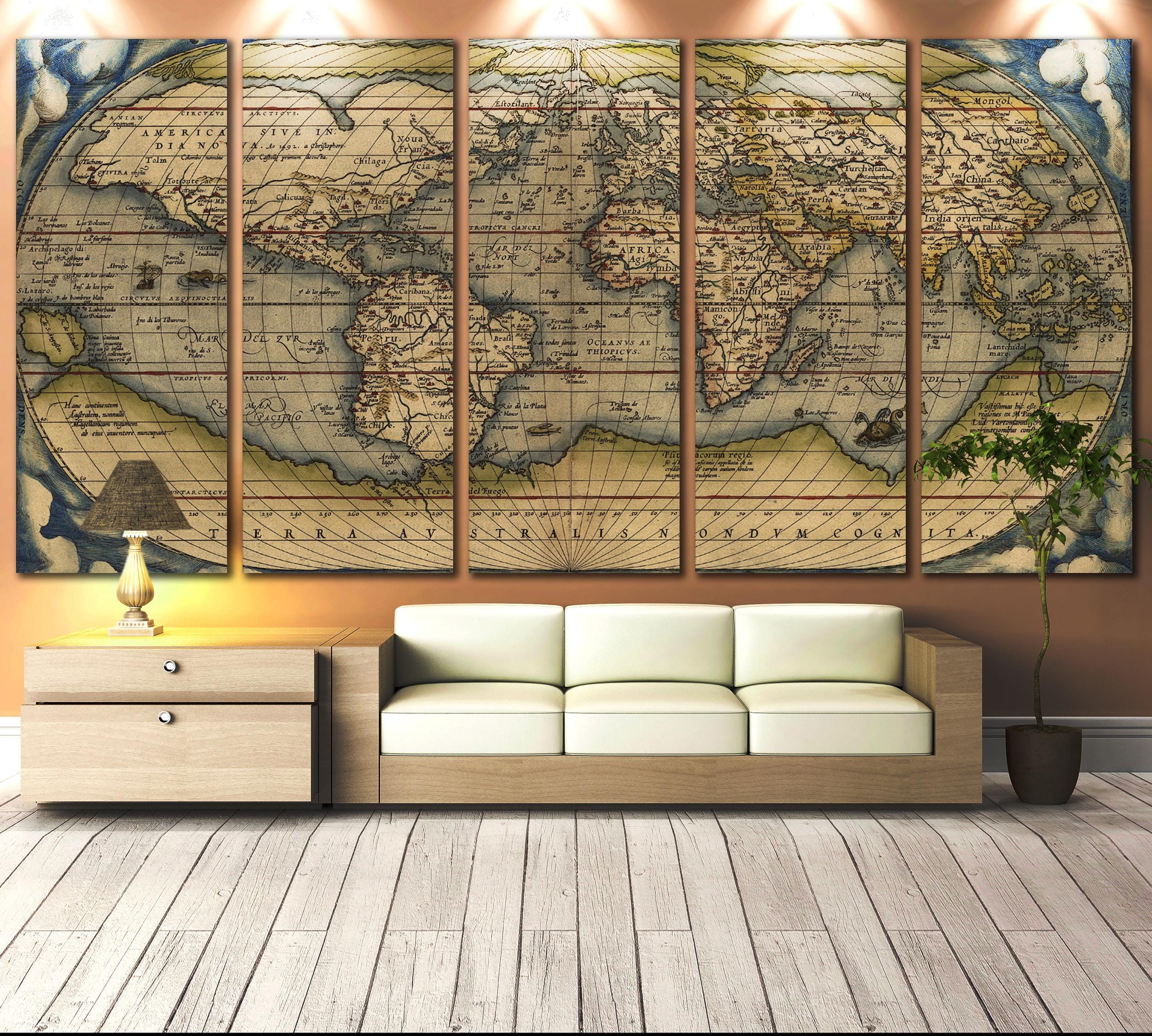 Arte murale con mappa del vecchio mondo - Stampa su tela extra large per arredamento vintage da ufficio, opera d'arte con mappa del mondo, decorazione con mappa del mondo per interni rustici da ufficio